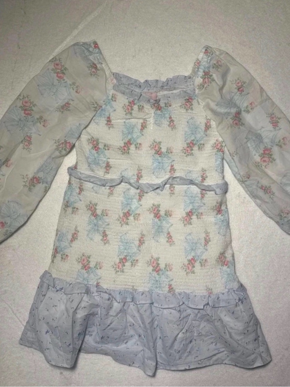 Girls Floral Smocked Long-Sleeve Dress Top in Light Blue and Cream